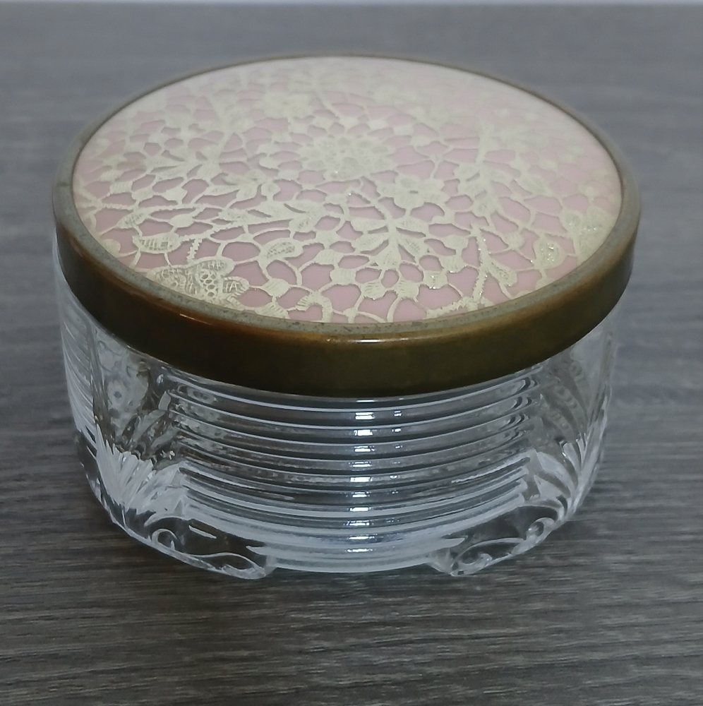 Vintage Art Deco Style Glass Cosmetic Powder Vanity Trinket Jar Pink Gold Lid
